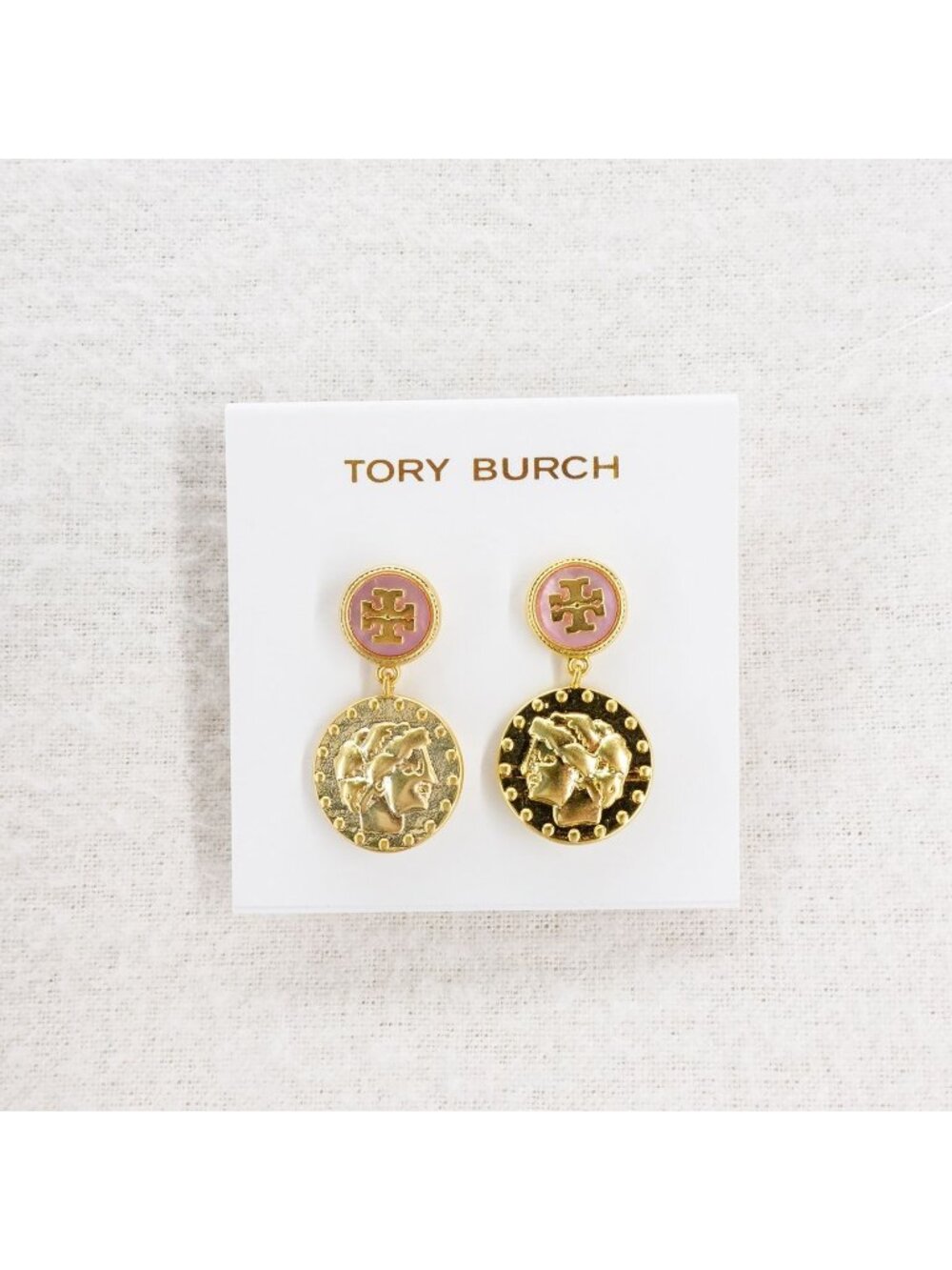 Tory Burch Mother of Pearl Logo Coin Medallion Drop Earrings Pink/Tory Gold OS